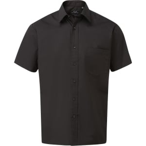 A black button-up shirt with a collar, short sleeves, and a single chest pocket. It features a logo.