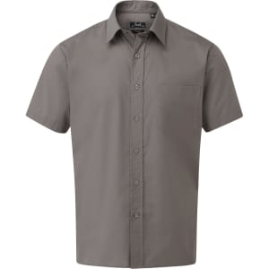A grey short-sleeved button-up shirt with a single chest pocket and a branded label.