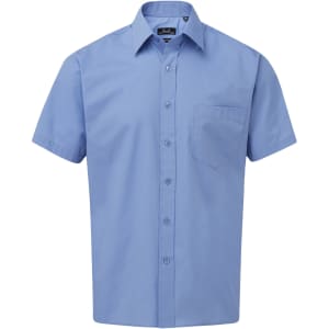 A light blue short-sleeved button-up shirt featuring a chest pocket and a collar, with a logo on the label.