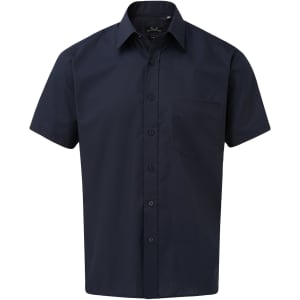 A short-sleeved button-up shirt in a dark navy colour, featuring a chest pocket and a collar.