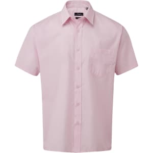 A pink short-sleeve button-up shirt with a chest pocket and a logo.