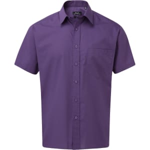 A short-sleeve button-up shirt in a rich shade of purple, featuring a single chest pocket and a logo.