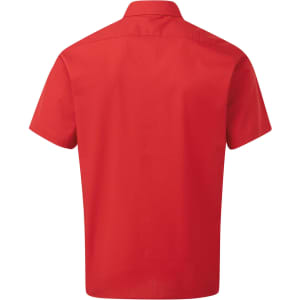A short-sleeved red button-up shirt with a collar, featuring a logo on the back.