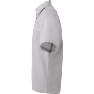 A light grey short-sleeve button-up shirt with a collar. It features a logo on the front.