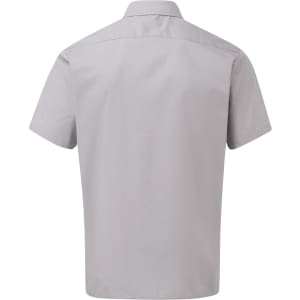 A short-sleeved button-up shirt in light grey, featuring a back yoke and a logo.