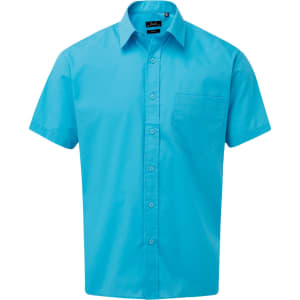 A short-sleeved button-up shirt in bright blue with a chest pocket and a logo.