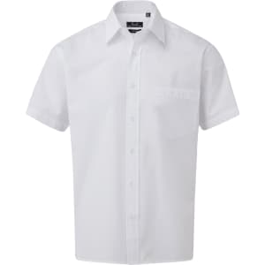 A white short-sleeve button-up shirt with a single chest pocket and a logo on the label.