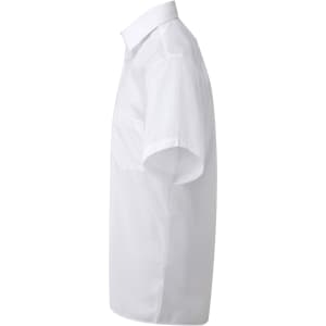 A white short-sleeve poplin button-up shirt featuring a pocket and a collar, with a brand logo.