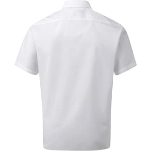 A short-sleeved, white button-up shirt featuring a classic collar and a brand logo on the back.