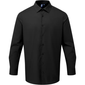 A black long-sleeved poplin shirt with a button-up front and a collar, featuring a logo.