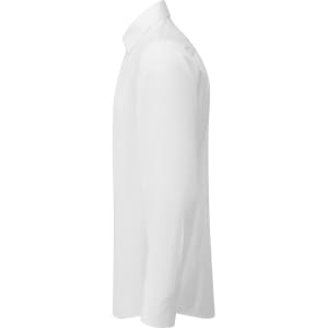 A white long-sleeve shirt with a classic collar and a logo on the side.