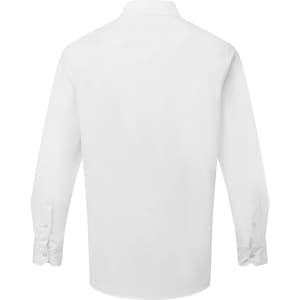 A white long-sleeve poplin shirt with a collar and button cuffs, featuring a branding logo on the label.