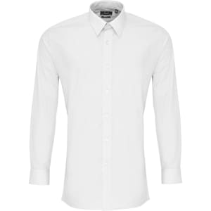 A white long-sleeve fitted shirt with a classic collar and button-down front, featuring a logo.