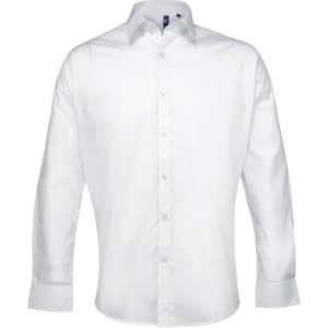 A white button-up shirt with long sleeves, featuring a collar and a logo on the chest.