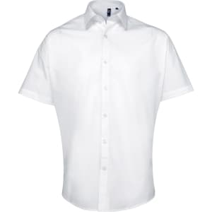 A short-sleeved white button-up shirt with a collar and a logo on the chest.