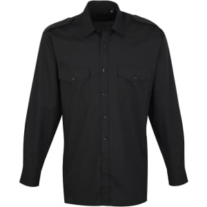 A black long-sleeve button-up shirt with two front pockets and a logo.