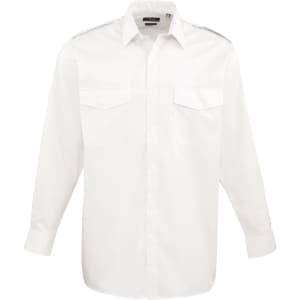 A white button-up shirt with long sleeves, featuring two chest pockets and a logo on the label.