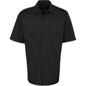 A black button-up shirt featuring two chest pockets and short sleeves. The shirt has a logo on it.
