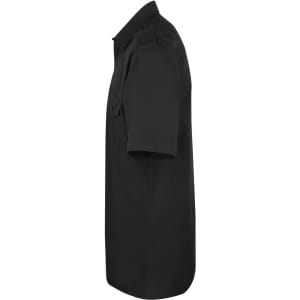 A black button-up shirt with short sleeves and a standard collar, featuring a logo on the chest.