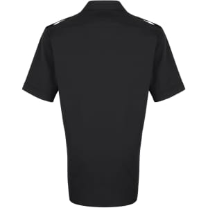 A black button-up shirt with short sleeves and a logo on the back.