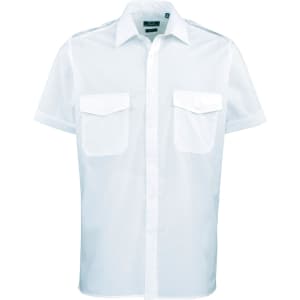 A white button-up shirt featuring short sleeves and two front pockets. It has a logo on the label.