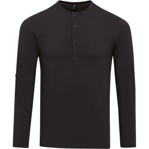 A black long sleeve tee with a button placket and a small logo on the sleeve.