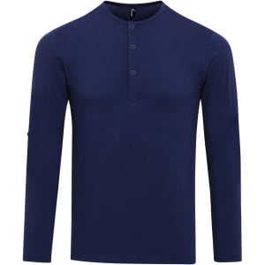 A navy long sleeve tee featuring a buttoned henley neckline and a logo on the sleeve.