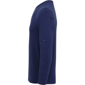A long-sleeve tee in navy blue with roll sleeves and a logo on the side.