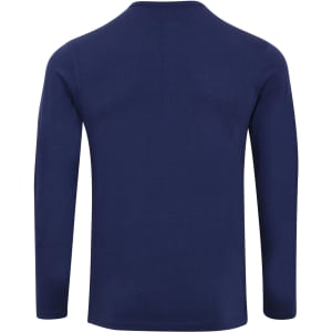 A navy long sleeve tee with a roll sleeve design, featuring a logo on the back.