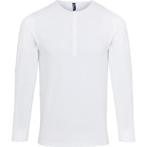 A white long sleeve tee with a round neckline and button placket, featuring roll sleeves and a logo.