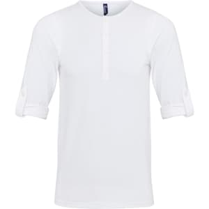 A white Long John Roll-Sleeve Tee with roll-up sleeves and a buttoned front. It features a logo on the neckline.