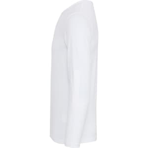 A white long sleeve tee with roll sleeves, featuring a side view and a logo on the sleeve.