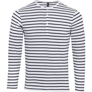 A long sleeve tee featuring a white background with navy stripes and a buttoned neck. It includes a logo.
