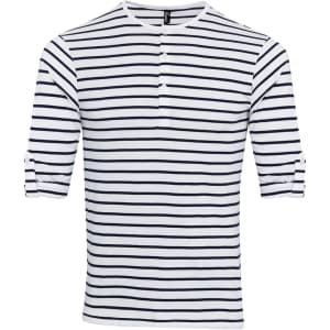 A striped Long John roll-sleeve tee in white and navy with rolled sleeves and a buttoned neckline.