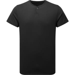 A black cotton rich t-shirt with a crew neck and a small button detail at the neckline. It features a logo.