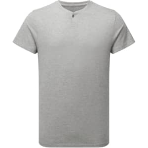 A grey cotton-rich T-shirt featuring a simple design and a small button detail at the neckline. It includes a logo.