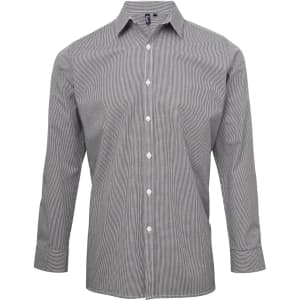 A grey and white microcheck button-up shirt with long sleeves and a collar, featuring a logo on the chest.
