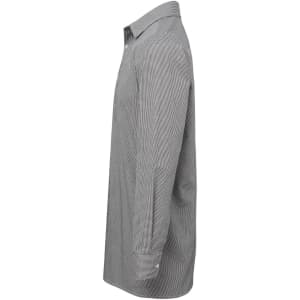A grey and white microcheck L-S cotton button-up shirt with a collar and long sleeves, featuring a logo.