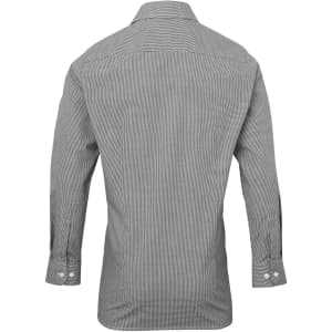 A grey and white microcheck button-up shirt with long sleeves and a collar, featuring a logo on the back.