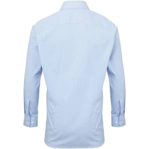 Light blue button-up shirt with long sleeves and a collar, featuring a logo on the back.