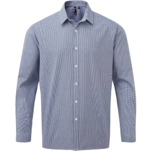 A blue and white microcheck long-sleeve cotton button-up shirt with a logo on the chest.