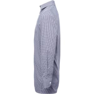 A side view of a blue and white checkered button-up shirt with long sleeves and a collar, featuring a logo.