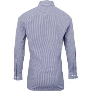 A button-up shirt in blue and white microcheck pattern, with long sleeves and a collar, featuring a logo.