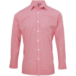 A red microcheck button-up shirt with long sleeves and a collar, featuring a logo on the chest.