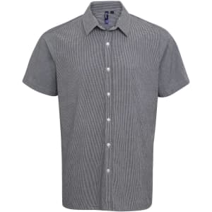 A short-sleeved button-up shirt in a microcheck pattern, featuring a collar and front buttons in grey.