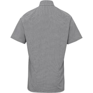 A short-sleeved button-up shirt in a microcheck pattern, featuring grey tones and a collar, with a logo on the back.