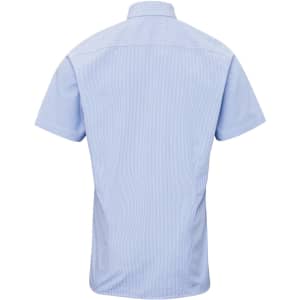 A light blue short-sleeved button-up shirt with a back collar and a branded logo.