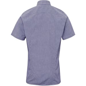 A short-sleeved cotton shirt in a microcheck pattern, featuring a collar and a logo on the back.