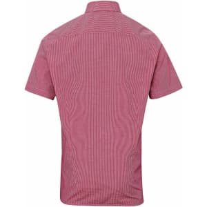 A red microcheck short-sleeve button-up shirt featuring a collar and back yoke design, with a logo on the label.