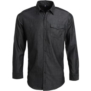 A black denim button-up shirt with long sleeves and a chest pocket, featuring a logo.